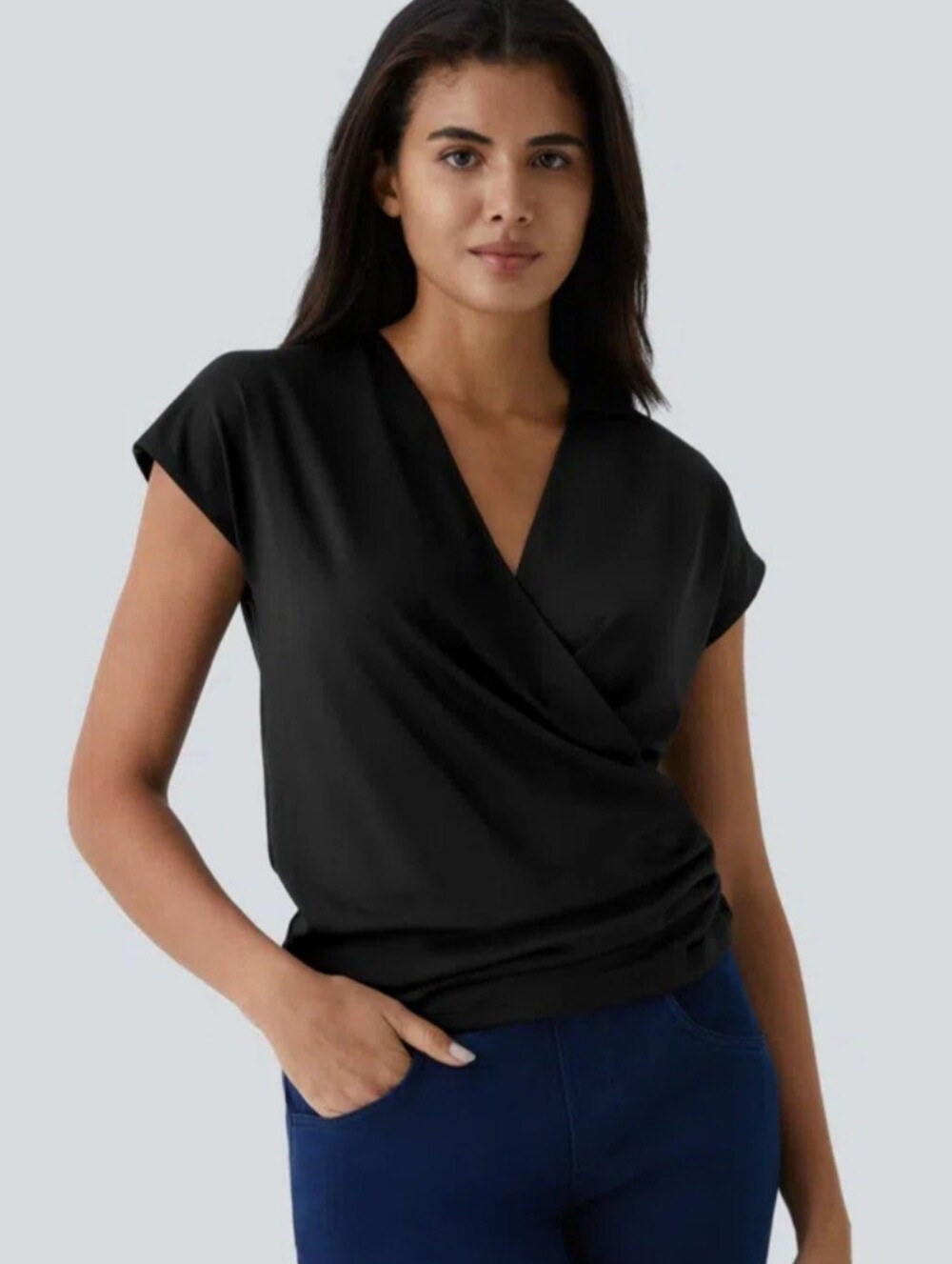 HALARA V Neck Cap Sleeve Crossover Ruched Solid Black Blouse Women's Large NWT